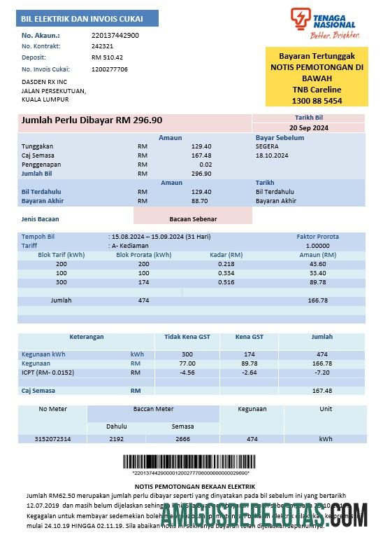 realista Modelo de conta de serviços públicos de eletricidade Tenaga Nasional da Malásia em formatos Word e PDF